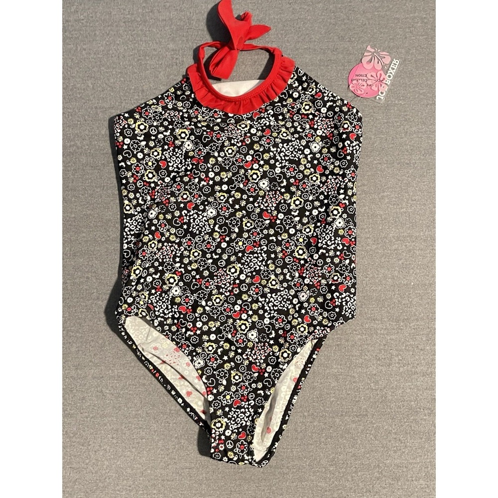 Joe Boxer One Piece Swimsuit XL 14 16 Black Floral Ruffle Neck Tie Back Swimwear
